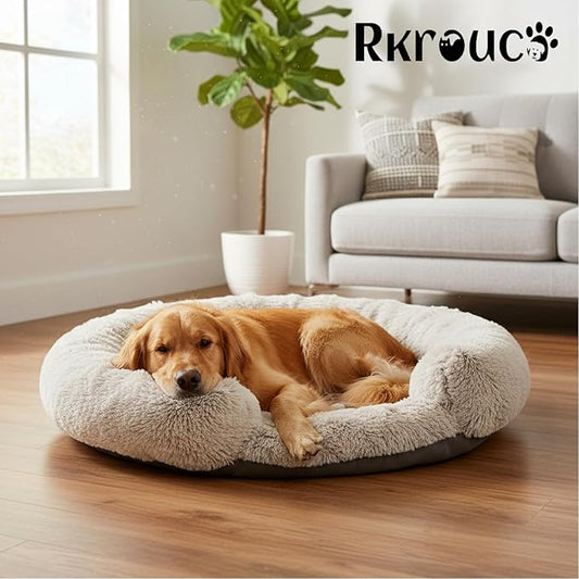 Fluffy Dog Bed Calming Donut Beds for Large Dogs Warming Round Small Medium Pet Nest Cozy Cat Mattress Indoor Washable Puppy Kennel Kittens Sleep Mat (L, 35.4×35.4 inch, Gradient Coffee)