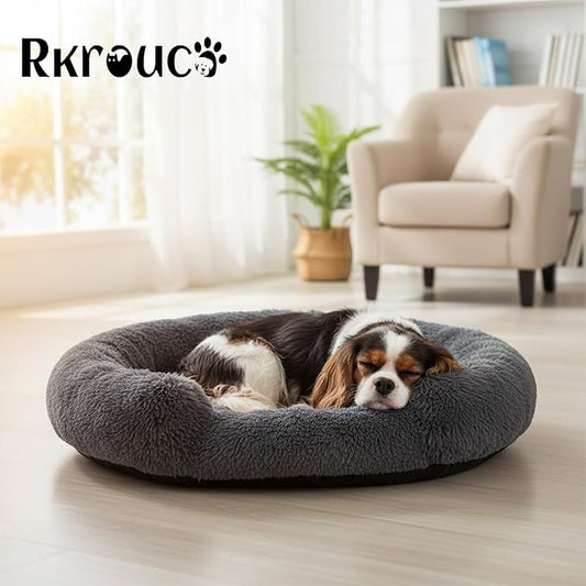 Fluffy Dog Bed Calming Donut Beds for Large Dogs Warming Round Small Medium Pet Nest Cozy Cat Mattress Indoor Washable Puppy Kennel Kittens Sleep Mat (M, 27.5×27.5 inch, Dark Gray)