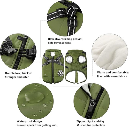 Aiboria Dog Jackets for Winter Windproof Waterproof 2 in 1 Outfit Cold Weather Coat Dog Vest Harness Puppy Winter Warm Jacket Green L