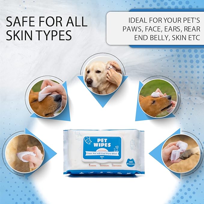 Dog Wipes for Pets Cats-100 Count All Purpose Unscented Wet Wipes for Paw Butt Cleaning,Grooming,AlcoholFree,Vitamin E,pH Balanced