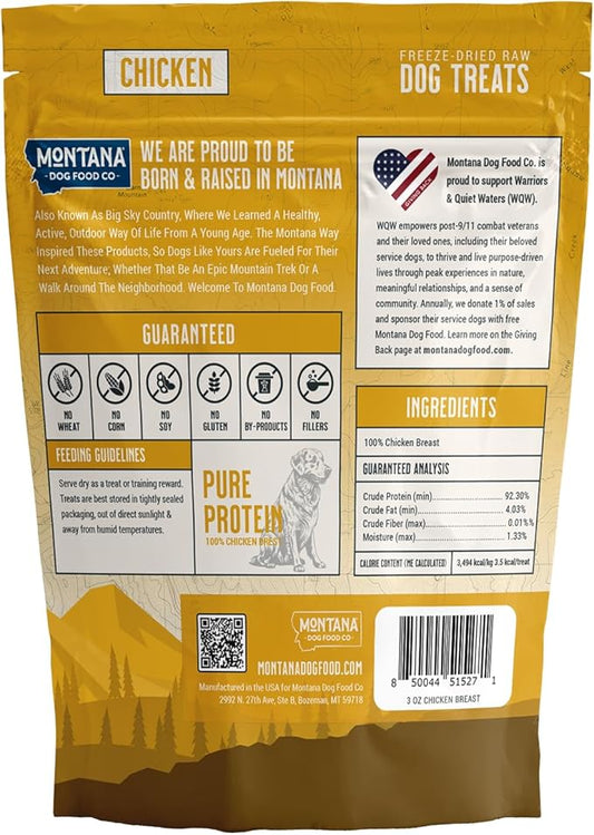 MONTANA DOG FOOD CO. Freeze-Dried Chicken Breast Dog Treats (Trail Snacks) – 100% All- Natural, Single Ingredient, High Protein, Grain-Free, Made in USA – 3 oz Bag