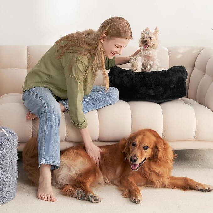 EHEYCIGA Small Dog Bed and Cat Couch - Fluffy Faux Rabbit Fur Pet Sofa with Washable Removable Cover, Waterproof and Non-Slip, 26 Inch, Black
