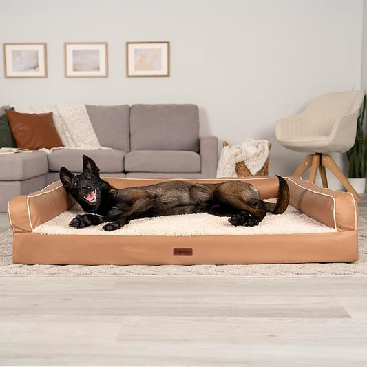 FurHaven Orthopedic Dog Sofa Bed – Memory Foam Couch with Bolsters, Textured Plush & Water-Resistant Cover, Washable Cover, Joint Support - Camel, Jumbo Plus