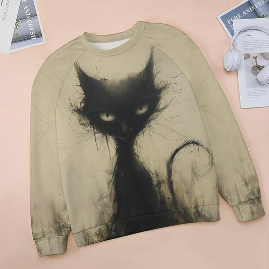 Biacolum Long Sleeve Shirts for Women Mid Century Retro Style Atomic Cat 3D Graphic Sweatshirts Fall Crewneck Pullover Top