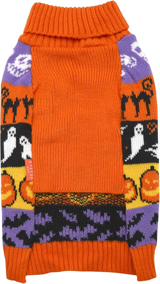 KYEESE Halloween Dog Sweater Turtleneck for Small Dogs Soft and Warm Knitwear Dog Clothes with Pumpkin Ghost Pattern Leash Hole Design Comfortable Holiday Pet Sweater Costume for Doggie, X-Large