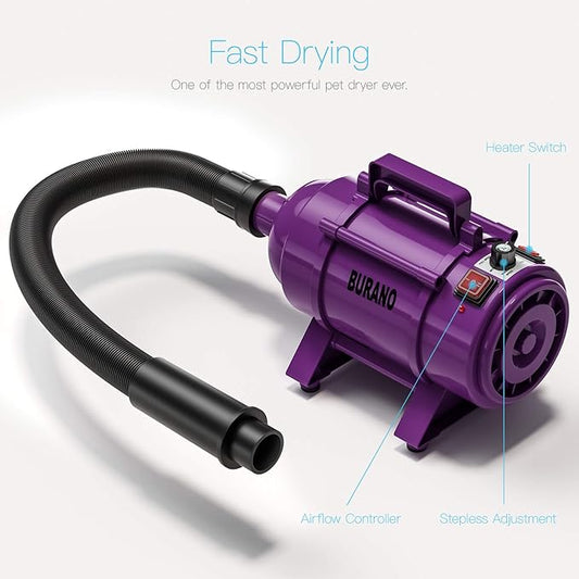 Burano Dog Dryer, High Velocity Pet Hair Dryer, 4.3HP Stepless Adjustable Speed Dog Hair Force Dryer for Dogs, Cats & More, Powerful Pet Blower with Heater