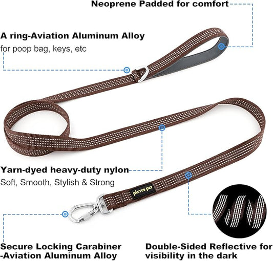 Plutus Pet Heavy Duty Dog Leash with Lockable Aluminum Carabiner, 4/6 Feet Long, Double-Sided Reflective Nylon, Padded Handle, for Puppy, Small, Medium and Large Dogs (Chocolate, 1" x 6')