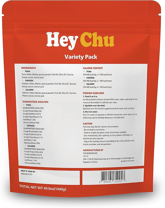 HEY CHU Squeezable Cat Treats, Lickable Puree, Grain-Free, 96 Tubes, Tuna Salmon Chicken, 0.5oz Each Tube