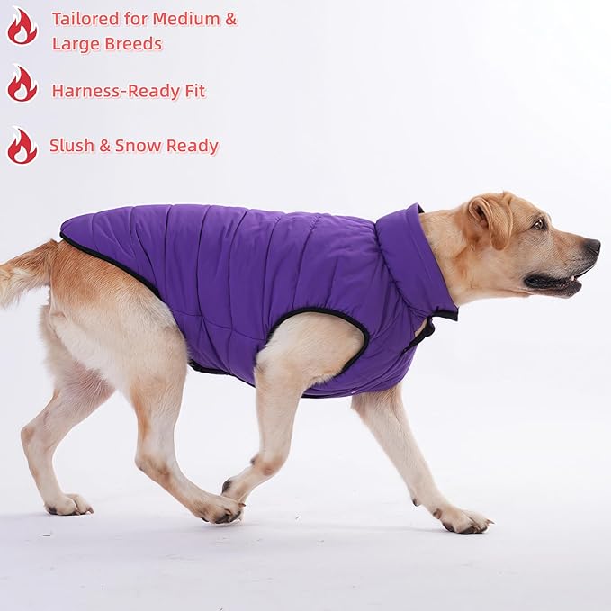 LovinPet Reversible Dog Puffer Coat for Medium & Large Dogs, Down‑Insulated Winter Jacket, Water‑Resistant & Wind‑Resistant, Anti‑Static, Dual-Sided Purple & Black for Cold Weather,L