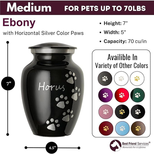 Pet Urn for Dogs and Cats with Personalized Laser Engraving, Ottillie Paws Premier Series Memorial Urns (Medium Ebony with Vertical Pewter Paws)