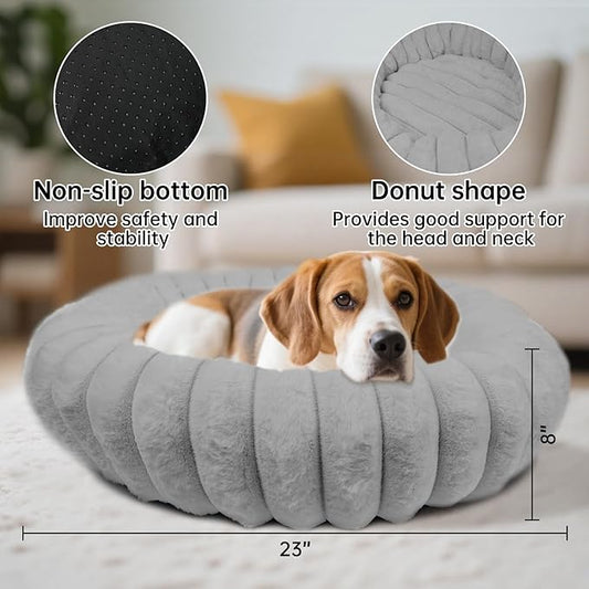 Donut Dog and Cat Bed, Luxurious Comfortable Faux Rabbit Fur Pet Beds, Soft Anti-Anxiety Calming Puppy Kitten Bed with Anti-Slip Bottom for Small Medium Dogs & Cats(23", Grey)