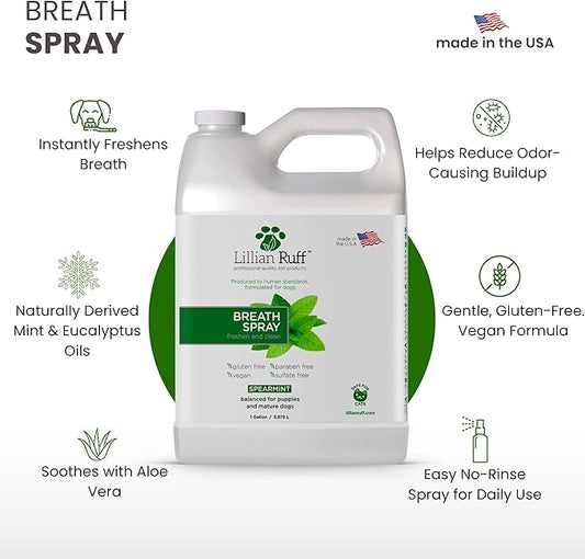 Lillian Ruff Breath Freshener Dental Care Spray - Dog Oral Health Teeth Cleaning Formula Targets Bad Dog Breath, Plaque & Tartar Build-Up, Supports Oral Care, Gum Health & Immune System (Gallon)