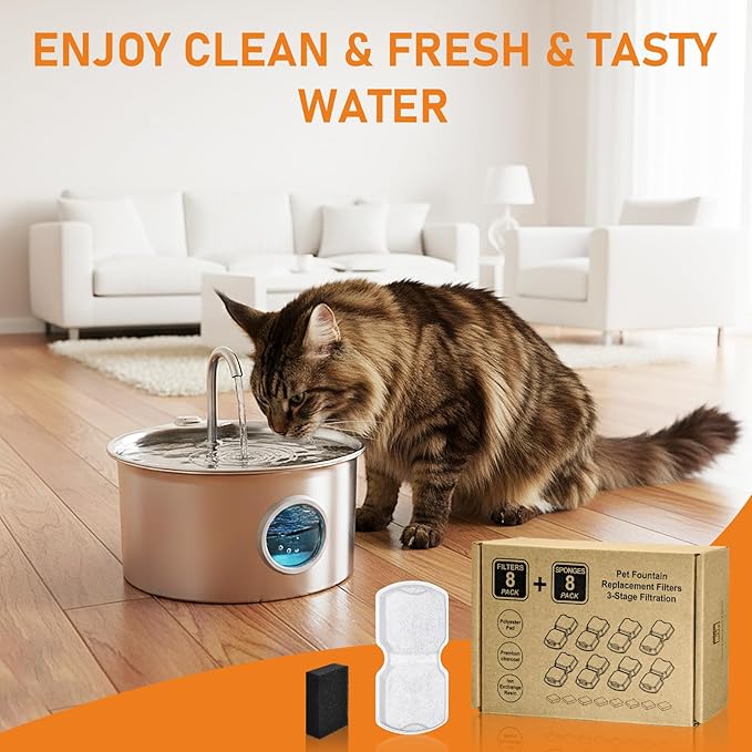 Cat Fountain Filter, 16 Pcs Cat Fountain Filters Replacement & Pre-Filter Sponges for Pet Water Fountain Stainless Steel with Water Level Window