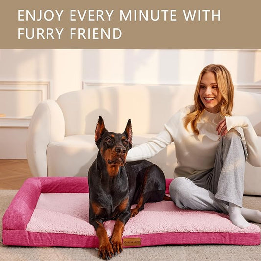 Patas Lague Orthopedic Jumbo Dog Bed for Extra Large Dogs 56''X40'', Waterproof L Bolster Pet Sofa Beds with Removable Washable Cover, Soft Comfortable Pet Couch Crate Mat with Nonskid Bottom, Pink