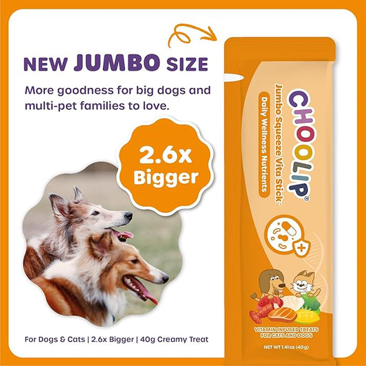 Choolip Squeeze Vita Stick Lickable Cat and Dog Treats – 20-Pack of 40g – Real Fish Puree with Multivitamins & Postbiotics – Hydrating, Gut & Immune Support – Large Breeds & Multi-Pet Homes