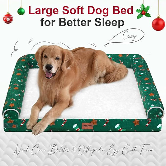 Large Dog Bed Orthopedic Washable: Christmas Pattern Big Dogs Beds with Bolster Puppy Sofa Couch Waterproof Removable Cover - Green