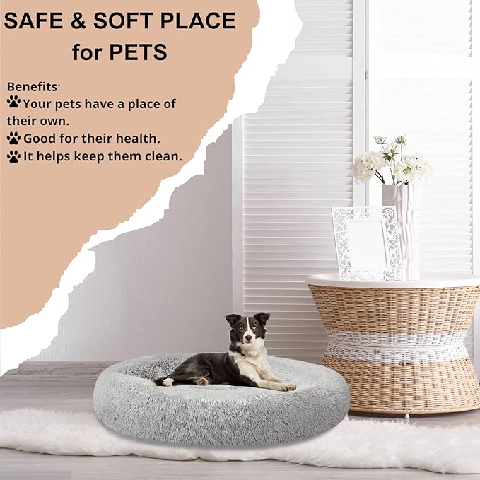 SAVFOX Plush Calming Donut Beds - Comfy Cuddler for Dogs & Cats, Washable Faux Fur, Multiple Sizes XS-XXL