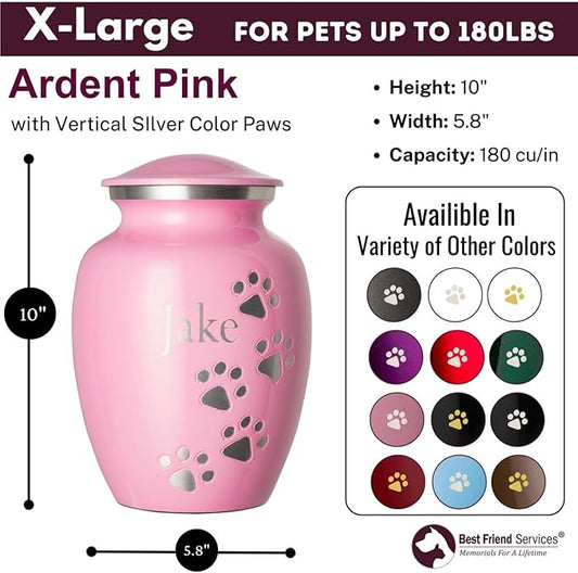 Pet Urn for Dogs and Cats with Personalized Laser Engraving, Ottillie Paws Premier Series Memorial Urns (X-Large Ardent Pink with Vertical Pewter Paws)