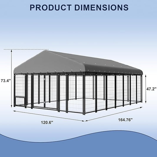10X14FT Dog Kennel Outside Double Door Dog Kennel Outdoor with Feeding, Heavy Duty Outdoor Dog Crate Durable Dog Cage with Roof & Double Lock