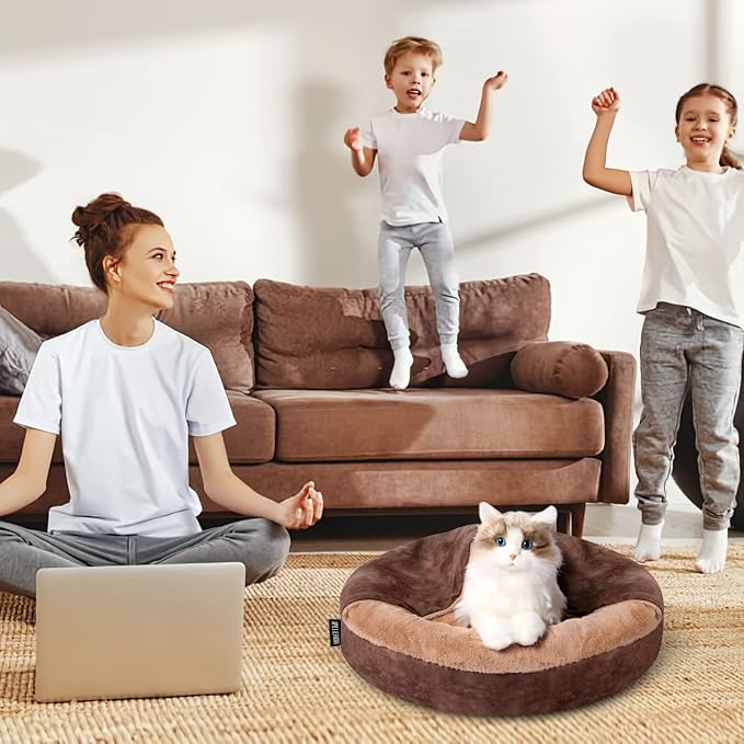 Cozy Soft Dog Bed with Hooded Blanket Warm Calming Cat Cave for Small Medium Dogs and Cats, Non-Slip Bottom & Machine Washable Pet Beds, Chocolate Brown 26x26x7″