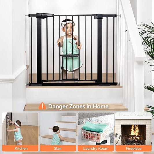 COMOMY Auto Close Baby Gate with Cat Door, 29.5"-40.5" Extra Wide Dog Gate for House Doorways Stairs, Pressure Mounted Easy Walk Thru Pet Gate, Includes 4 Wall Cups and 2 Extension Pieces, Black
