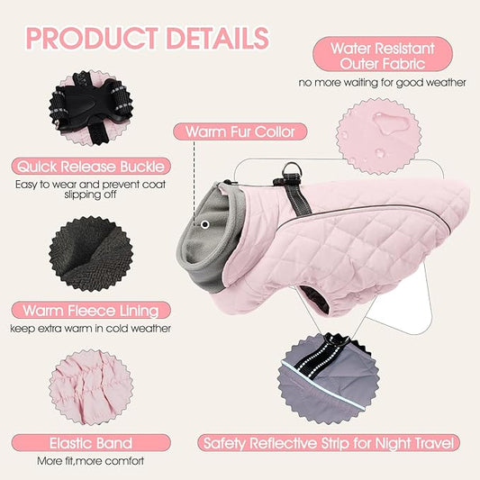 Dog Coat with Harness Built in -Pink,3XL- Fleece Lined Dog Snow Jacket Snowsuit,Adjustable Reflective Winter Warm Cold Weather Coat