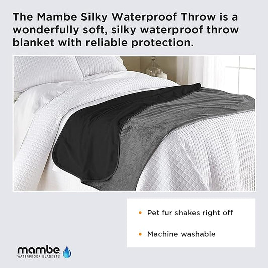 Mambe Silky Waterproof Throw for Protecting Furniture Bed Couch from Stains Caused by Dogs, Cats, Incontinence. Soft, Washable, Reversible. (Size Large 70x90 inches, Color Black/Charcoal)
