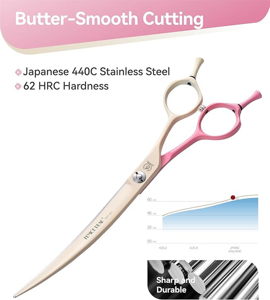 Fenice Peak Curved Dog Grooming Scissors with Coating 440C Stainless Steel, 7 inch Professional Curved Shears Dog Grooming,25 Degree of Curved Blade,Pet Shears for Trimming Face and Paws, Pink & White