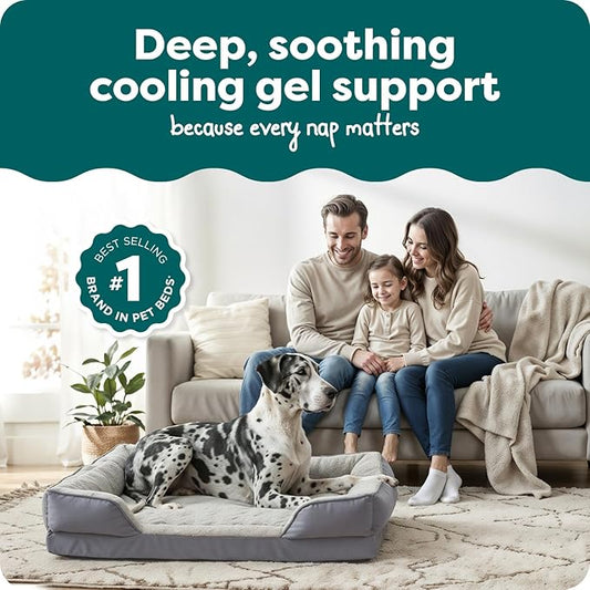 FurHaven Cooling Gel Dog Bed for Large Dogs, Perfect Comfort Sofa Bed with Cool Gel-Top & Orthopedic Foam Base, Removable Washable Cover, Jumbo Plus/XXL, Plush & Velvet, Granite Gray