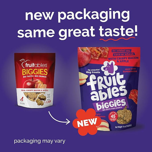 Fruitables Biggies Dog Biscuits, Healthy Treats for Dogs, Doggie Biscuits, Crunchy Pumpkin Treats, Free of Wheat, Corn and Soy, Made in The USA, Crispy Bacon & Apple Flavor, 16oz