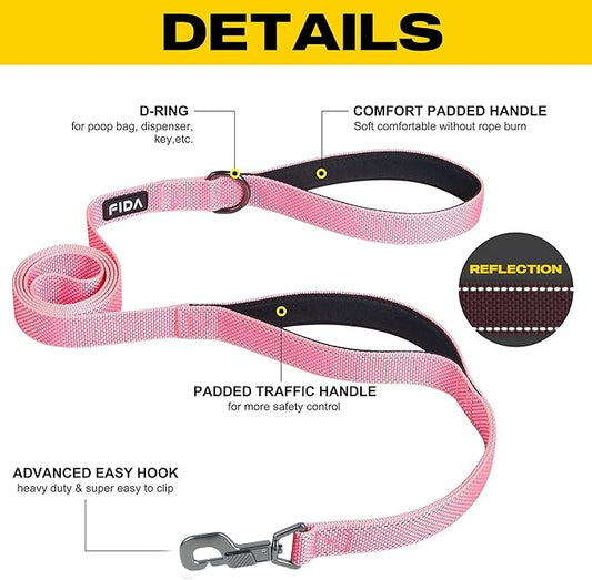 Fida 4 FT Heavy Duty Dog Leash with 2 Comfortable Padded Handles, Traffic Handle & Advanced Easy Snap Hook, Reflective Walking Lead for Large, Medium & Small Breed Dogs, Pink