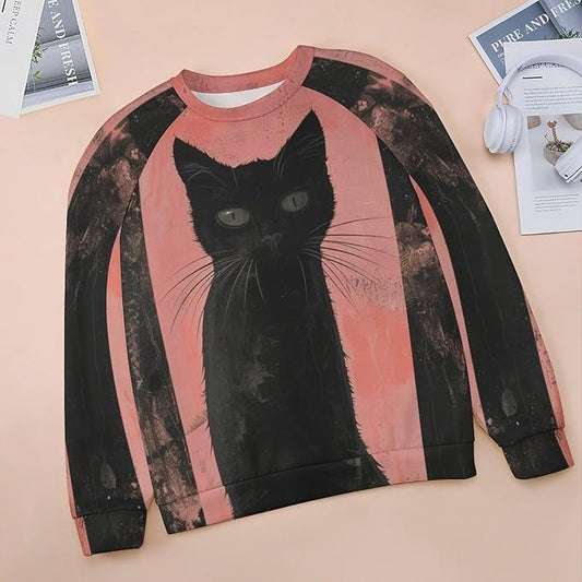 Biacolum Long Sleeve Shirts for Women Mid Century Retro Style Atomic Cat 3D Graphic Sweatshirts Fall Crewneck Pullover Top