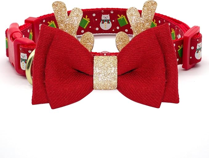 azuza Christmas Dog Collar Adjustable Xmas Dog Collars with Christmas Antler Bow tie Accessories Snowman Dog Collar for Medium Dogs