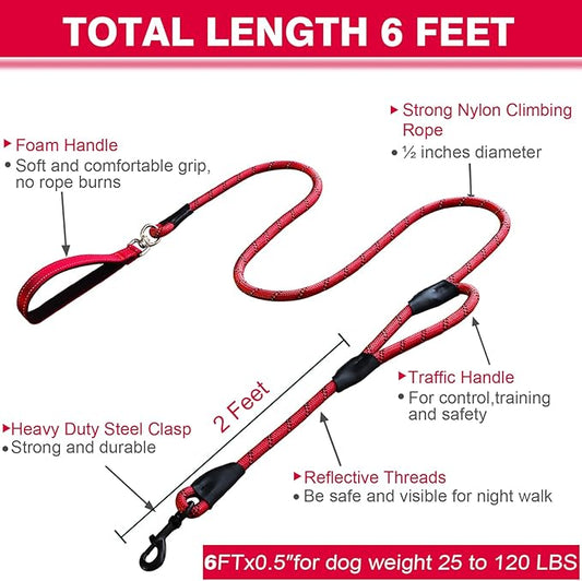Dog Leash, 6 Foot Dog Leash, 2 Extra Padded Handles, Lockable Metal Carabiner Clip, Reflective No Pull Heavy Duty Rope Lead, Walking, Training, Running, Medium to Large Breeds(Red)