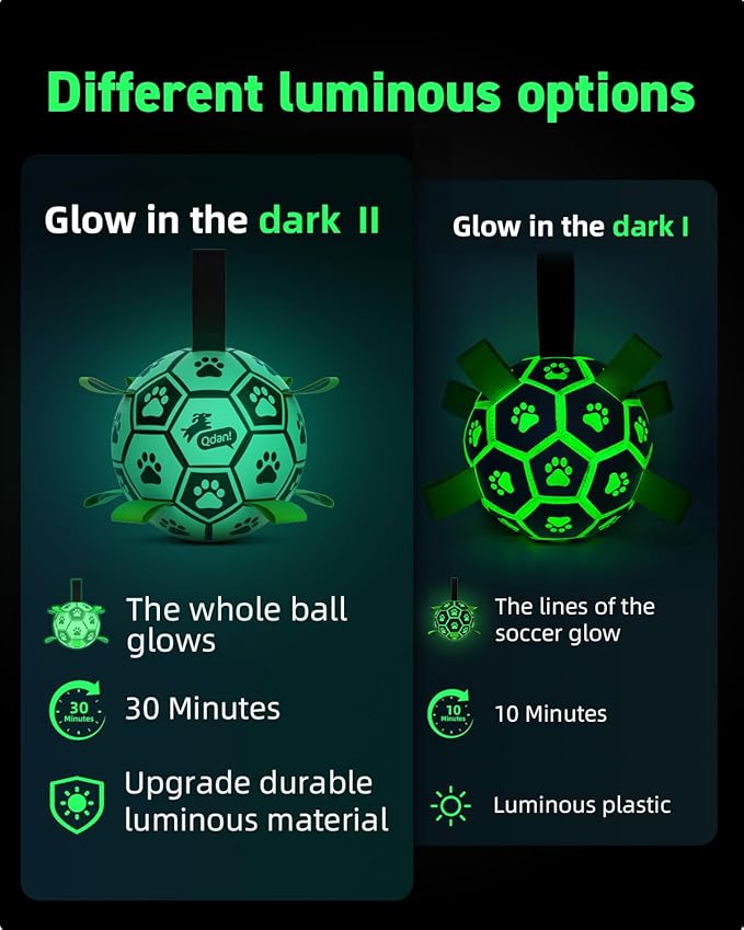 QDAN Premium Dog Ball, Glow in The Dark Dog Toys, Light Up Soccer Ball for Dogs, Outdoor Dog Toys, Doggy Water Toy, Puppy Birthday Gifts for Small Medium (6 Inch)