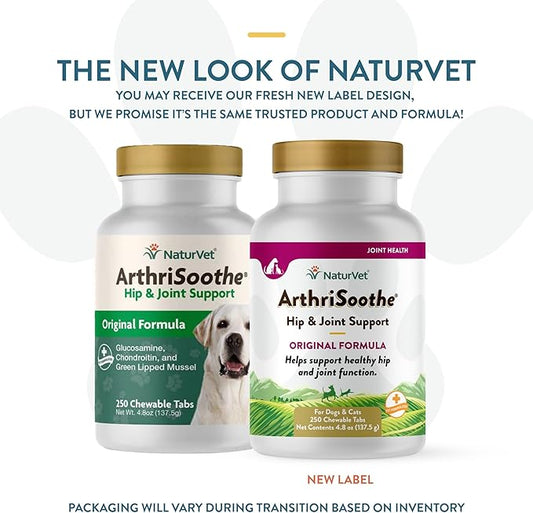 NaturVet ArthriSoothe Hip & Joint Formula Pet Supplement for Dogs & Cats – Includes Glucosamine, MSM, Chondroitin, Boswellia, Green Lipped Mussel – Supports HIPS, Joints – 250 Ct.