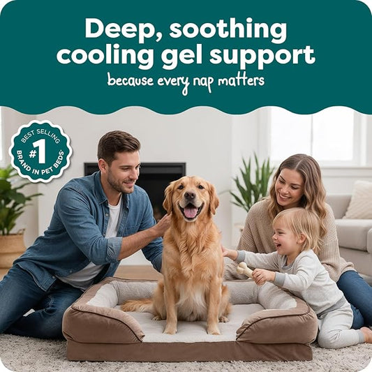 FurHaven Cooling Gel Dog Bed for Large Dogs, Perfect Comfort Sofa Bed, Cool Gel-Top Foam & Solid Orthopedic Foam Base for Joint Support, Removable Washable Cover, Jumbo/XL, Plush & Velvet, Brownstone