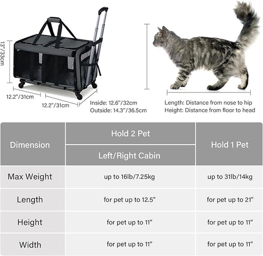 MILADA Large Cat Carrier for 2 Cats, Soft Big Pet Carrier with Wheels, Double Cat Carrier on Wheels, Rolling Pet Carrier for Travel Hiking Shopping and Camping(Not for Air Travel), Grey