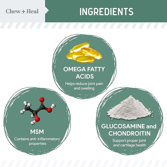 Chew + Heal Labs Glucosamine for Dogs Hip and Joint Supplement - 240 Senior Dogs Mobility Soft Chews - Made with Glucosamine, MSM, Chondroitin, Green Lipped Mussels and More - Made in The USA