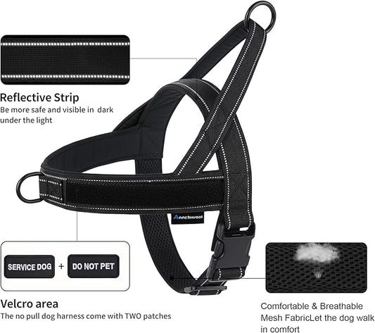 Annchwool No Pull Dog Harness, Collar & Leash Set|Reflective Dog Harness+Heavy Duty Dog Collar+Dog Leash with Double Handle & Car Seatbelt Clip|Easy for Walking Medium Large Size Dogs(Black,M)