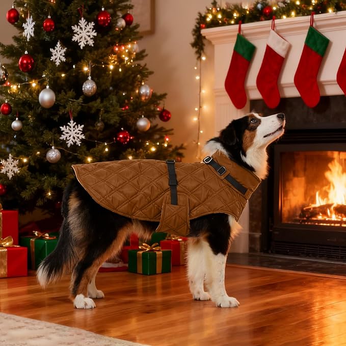 Kuoser Dog Coat Warm Fleece Lining Turtleneck Dog Jacket with Harness Built-in, Adjustable Windproof Cold Weather Coats with Quick Release Buckle Pet Winter Snowsuit for Medium Large Dogs, Khaki L