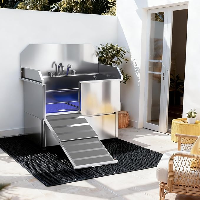 Dog Washing Station – 61 inch Professional 304 Stainless Steel Grooming Tub w/Ramp, Drawer, Faucet & Floor Grate, Dog Bathing Station for Large, Medium & Small Pets, 19" Leak-Proof Deep Soak