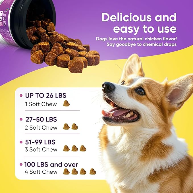 Dog Flea and Tick Treatment Chewable 200 Treatment Chews Natural Soft Chew Fleas Ticks Treatment Dog Oral Chewables Support Supplement Breeds and Ages Dogs Chicken Flavor