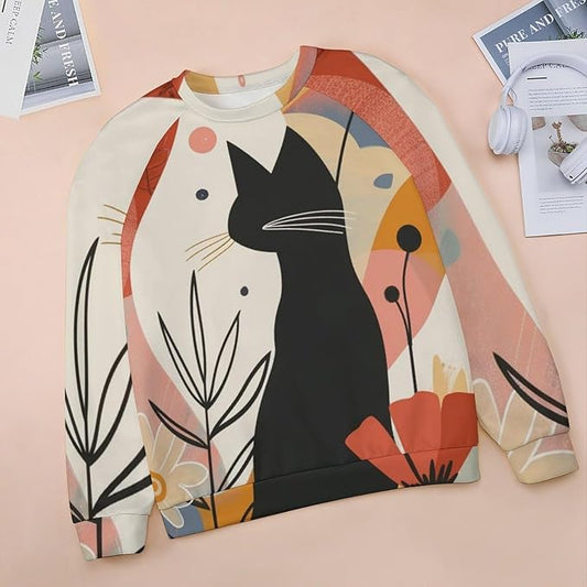 Biacolum Long Sleeve Shirts for Women Mid Century Retro Style Atomic Cat 3D Graphic Sweatshirts Fall Crewneck Pullover Top