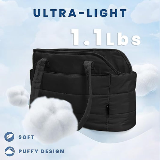 Lightweight Dog Purse Carrier for Small Dogs Under 15 lbs, Puffy Quilted Pet Carrier Tote for Puppies with Safety Leash Clip, Women's Hands-Free Dog Carrier Bag for Travel/Shopping (Black)