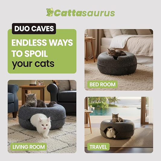 CATTASAURUS Peekaboo Cat Cave for Multiple & Large Cats Up to 30-45 Lbs, Scratch Detachable & Washable Tunnel Bed, Comfy Donut Cat Cave (Dark Gray + Dark Gray, Large)