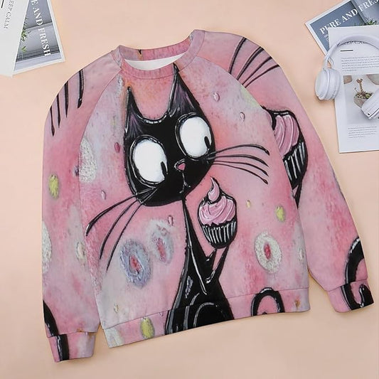Biacolum Long Sleeve Shirts for Women Mid Century Retro Style Atomic Cat 3D Graphic Sweatshirts Fall Crewneck Pullover Top