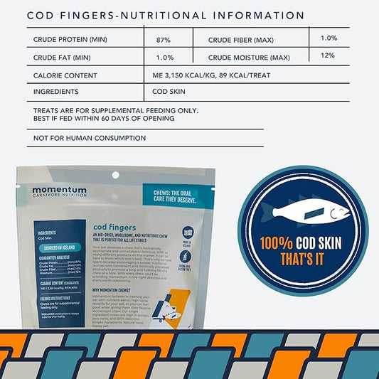 Momentum Carnivore Nutrition Cod Fingers Dog Treats – Single Ingredient Icelandic Cod Skin – Natural Dental Support, High-Protein Fish Chews– Healthy Dog & Cat Treats – 4 oz Bag