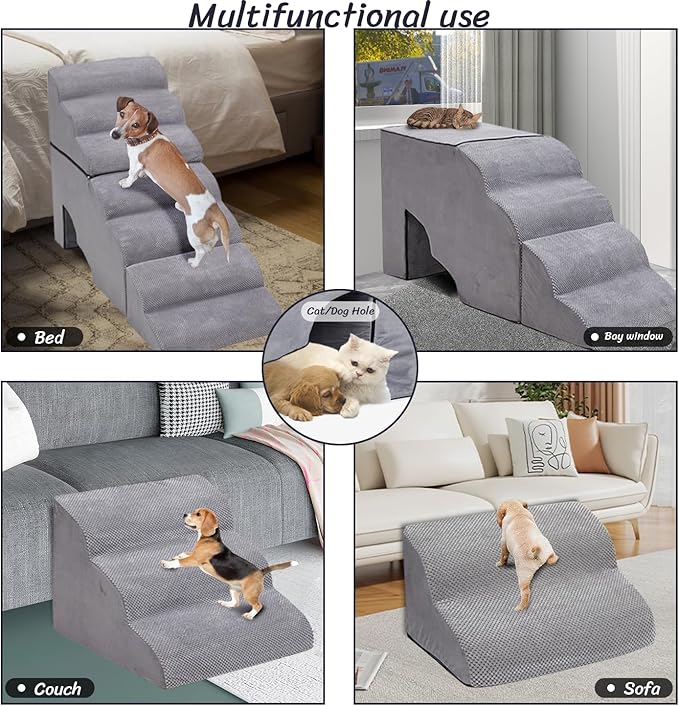 Dog Stair for High Beds 36 inches Tall, 33D Foam Dog Ramp for Bed 32 inches, 7-Step Pet Stair Steps for Small Large Dogs for Bedsides Climbing, Non-Slip Doggie Steps for Older Dogs/Cats, Grey