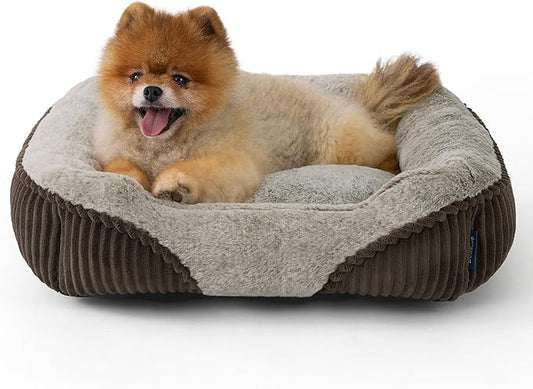 Bedsure Washable Dog Bed Small Dog&Cat- Rectangle Fluffy Plush Kitten Puppy Bed, Comfy Corduroy Fleece and Nonskid Bottom,20x19x6inches,Suitable for Pet Up to 15lbs,Brown